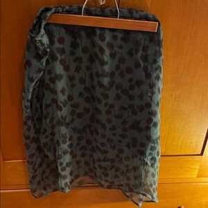 Sheer J Crew Cherry Print Midi Skirt in slate Blue and Burgundy. Elastic waist.
